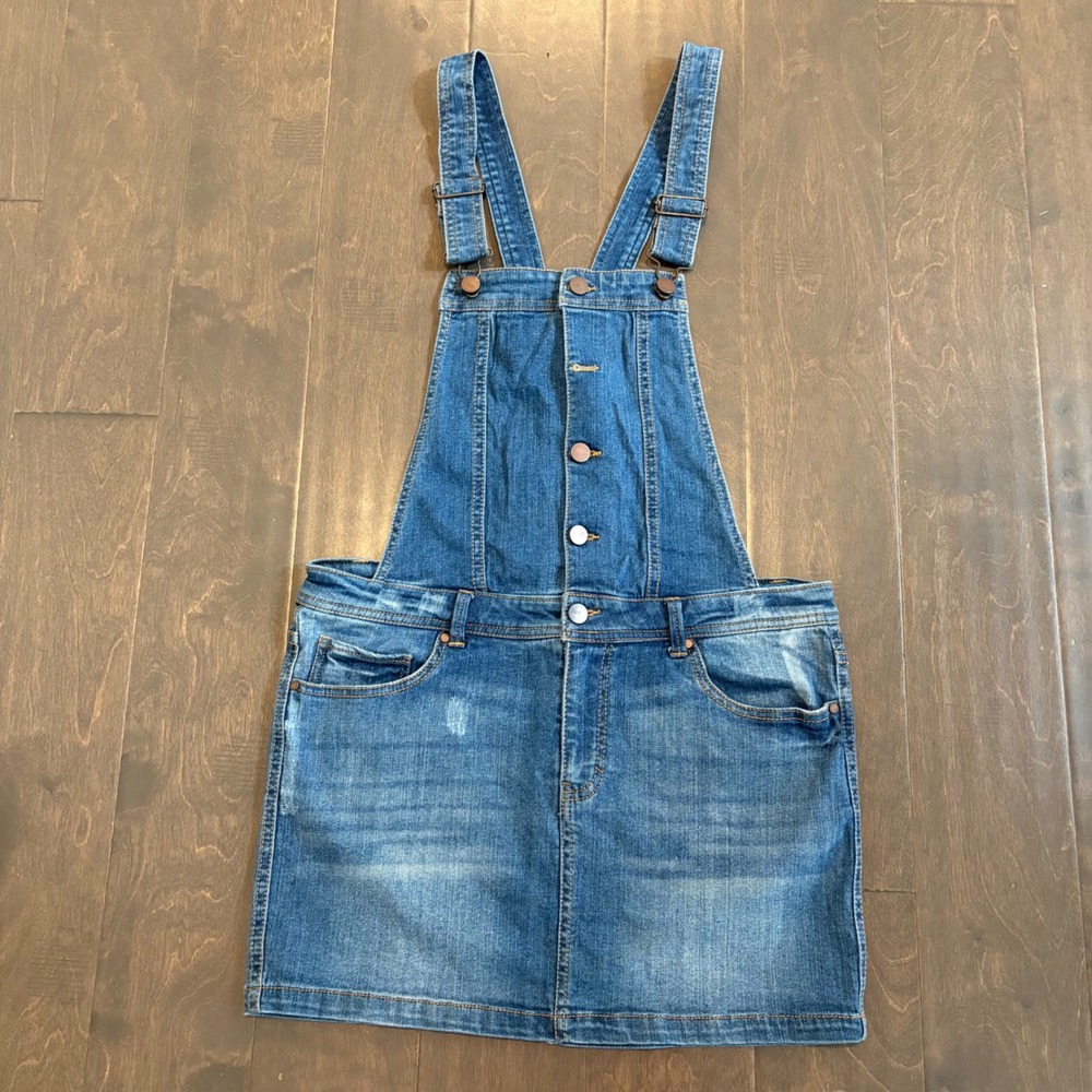 Tinseltown Denim Jean Overalls Dress Medium Blue  Distressed A-Line Skirt